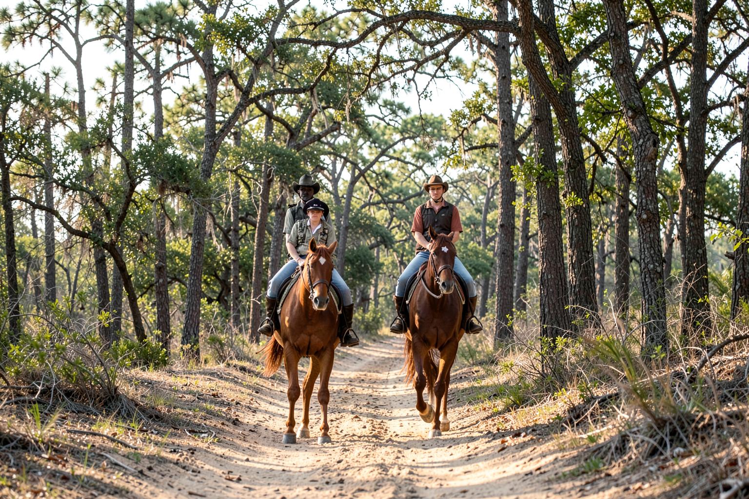 Two riders on horseback on a sandy woodland trail through open pine forest in afternoon light