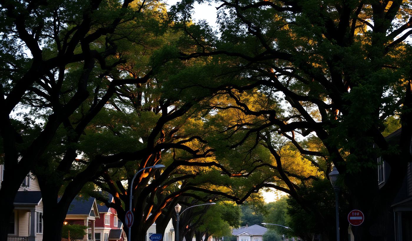 Mature oak-lined residential street in East Sacramento with redwood fencing along the sidewalk