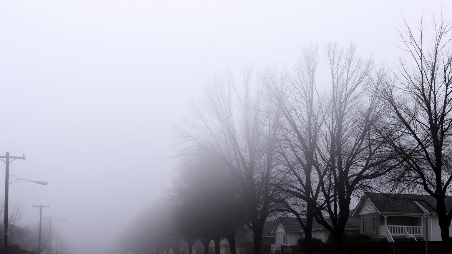 Tule fog settling over a residential Fresno neighborhood street in winter