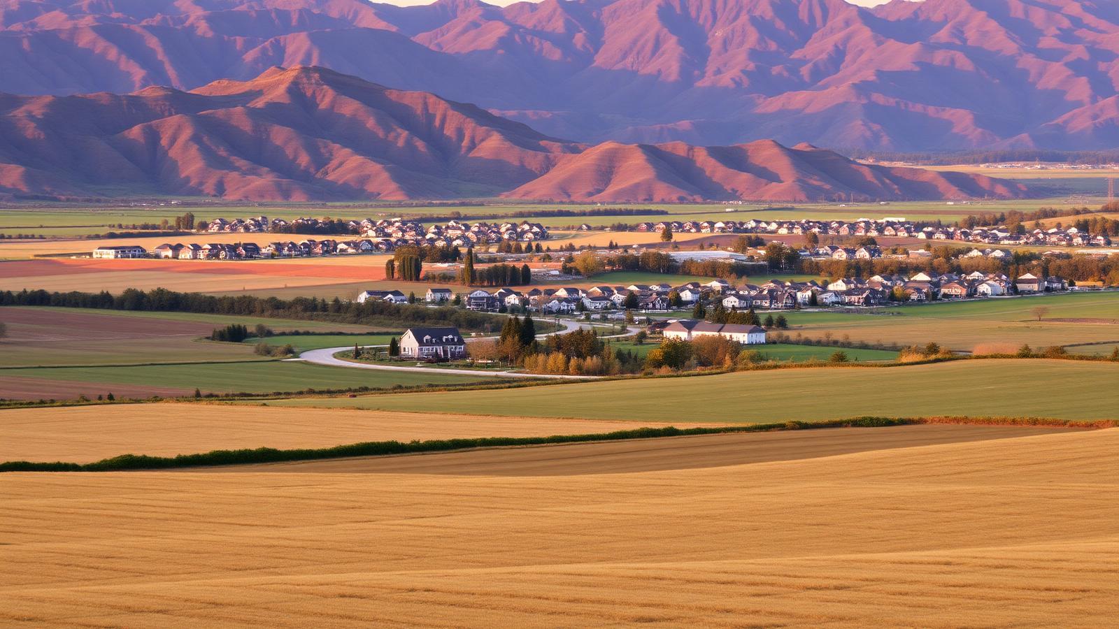 Farm fields and hay pasture meeting a new housing development on a broad valley floor with mountains behind at dusk