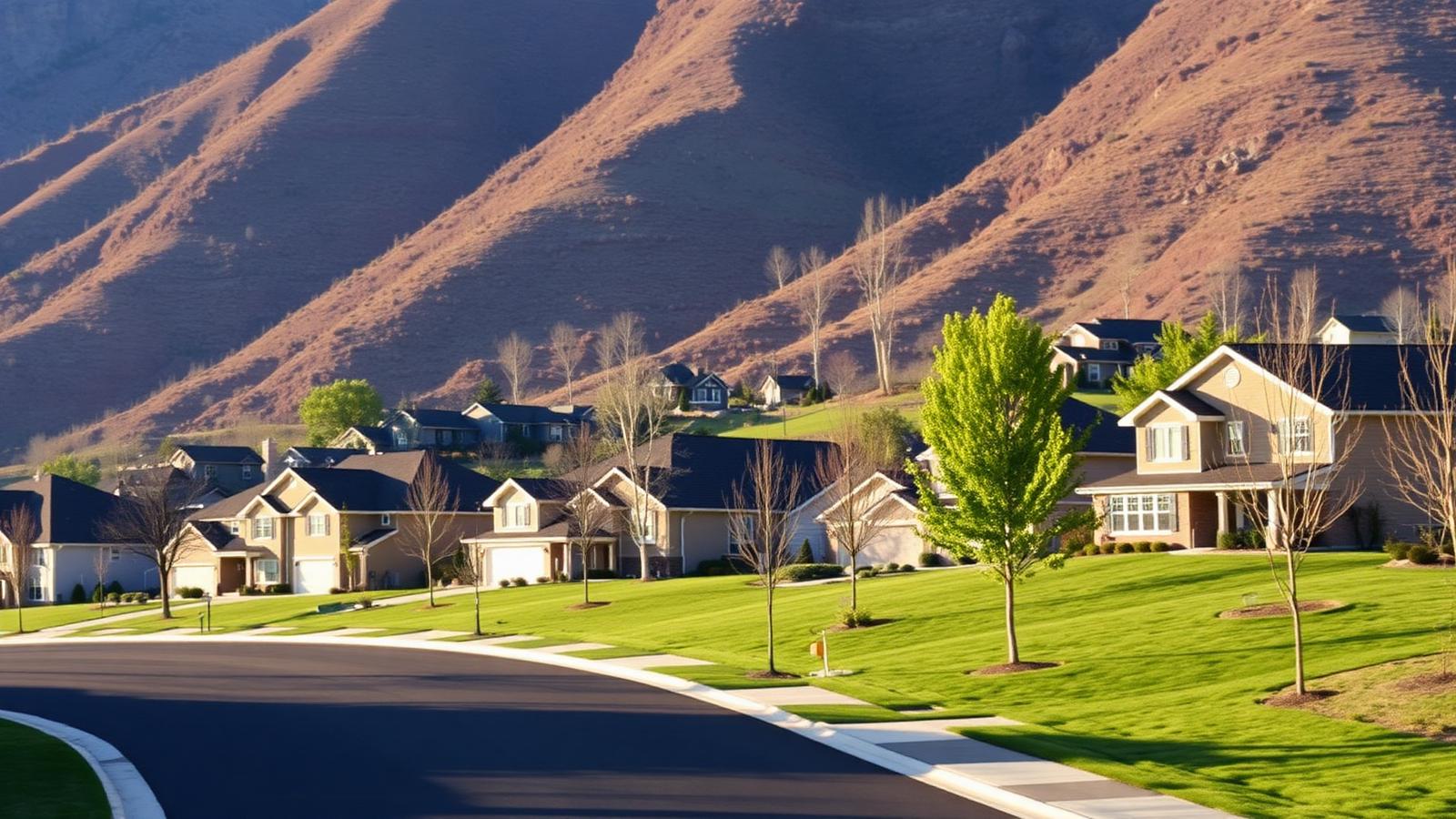 New subdivision of large single-family homes with young trees and fresh sod at the base of a steep mountain