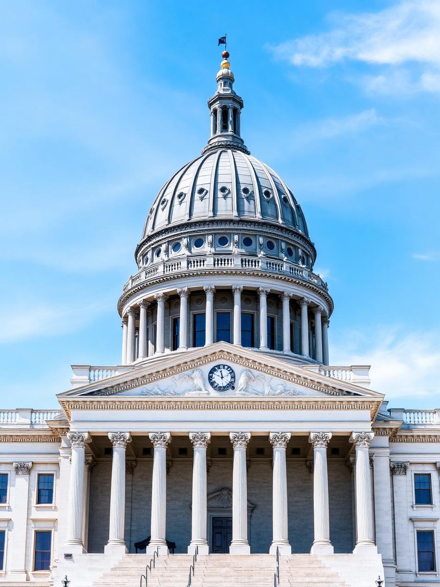 Illinois State Capitol building in Springfield with its grey dome and columned portico against a clear sky
