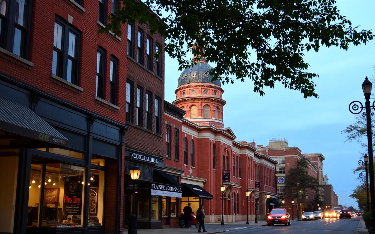 Historic brick storefronts on a downtown Springfield, Illinois street near the Old State Capitol at evening