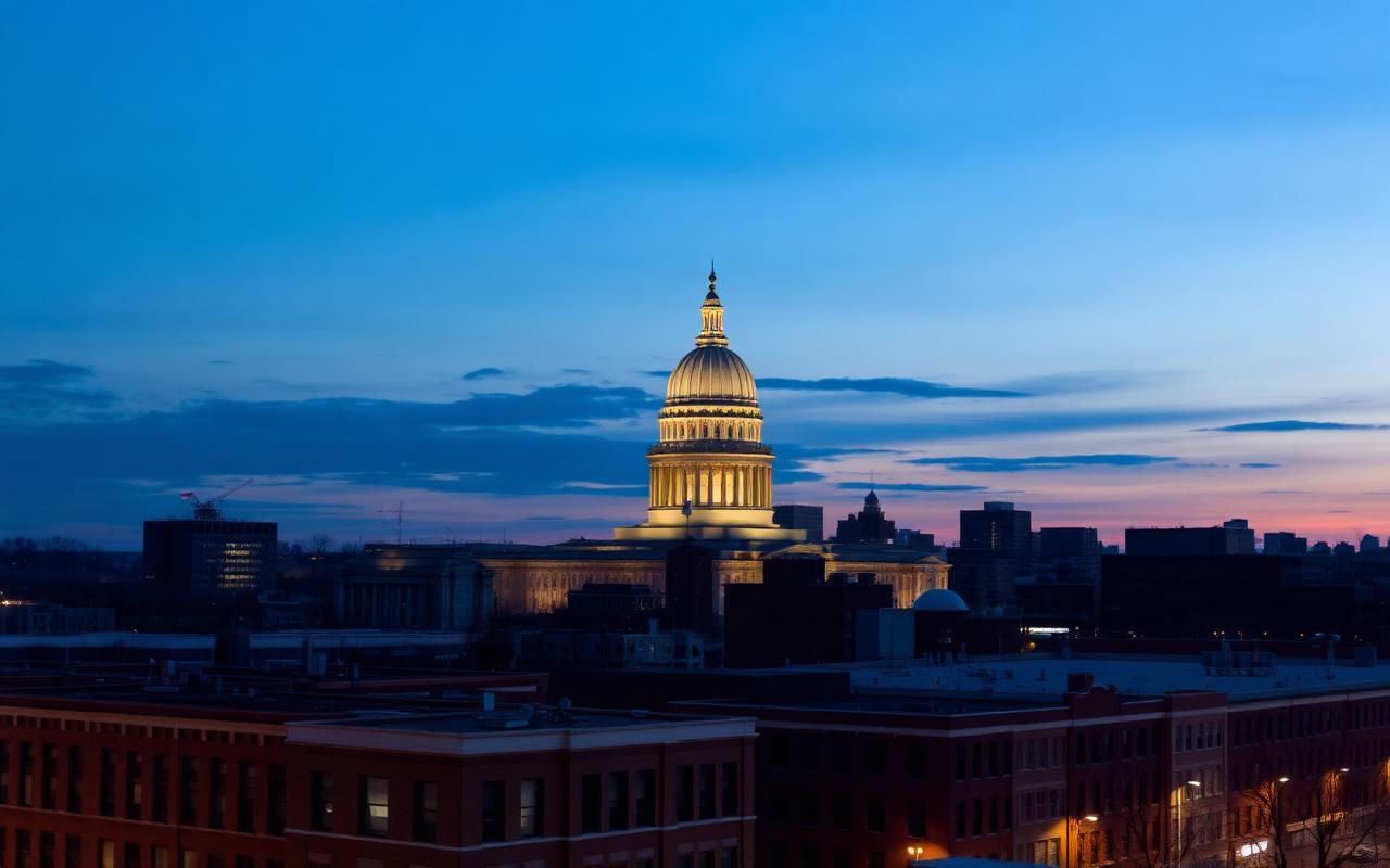 Springfield Illinois skyline at dusk with the lit Illinois State Capitol dome above downtown brick buildings
