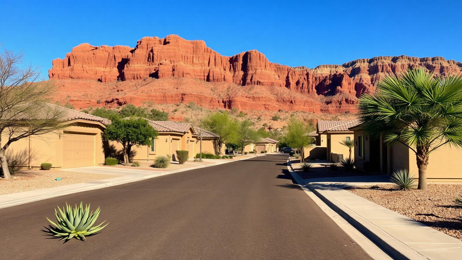 Single-story tile-roof homes on a St. George street with gravel xeriscape yards, agave plantings and a block privacy wall in bright desert sun