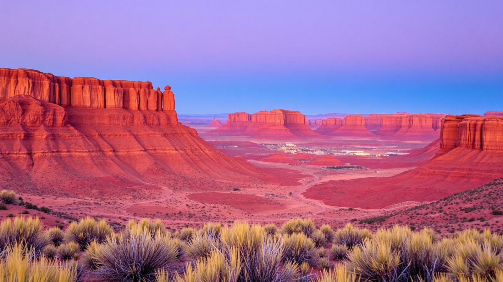 Red rock ridgelines above the St. George valley at dusk with desert brush in the foreground