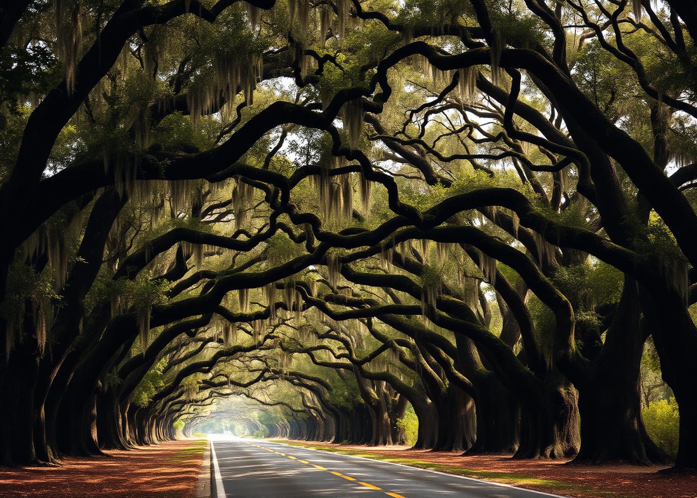 A Tallahassee canopy road with live oaks and Spanish moss arching over the pavement in soft light