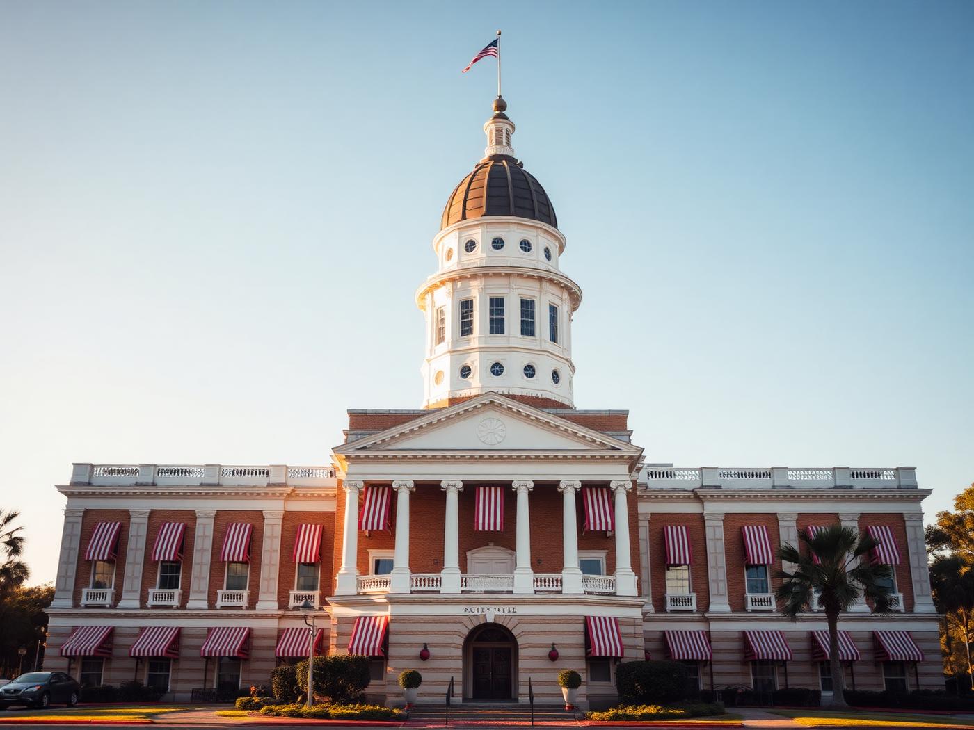The Historic Florida Capitol in Tallahassee with its red-and-white striped awnings and classical dome