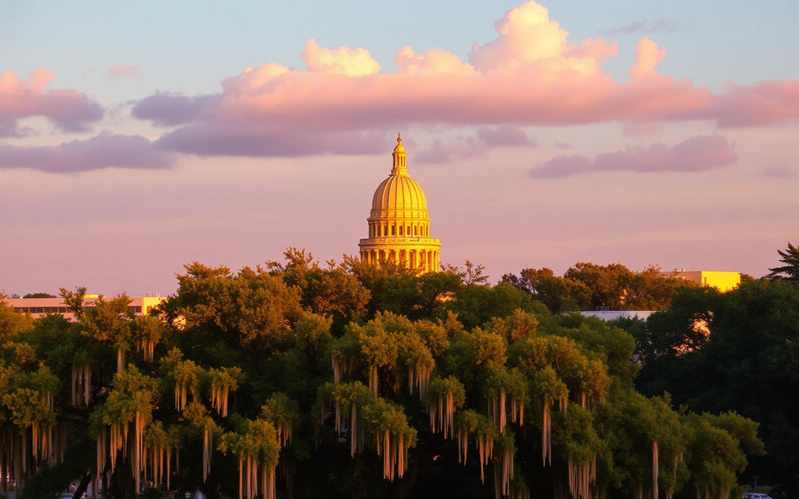 Tallahassee skyline with the Florida State Capitol tower rising above tree canopy at golden hour