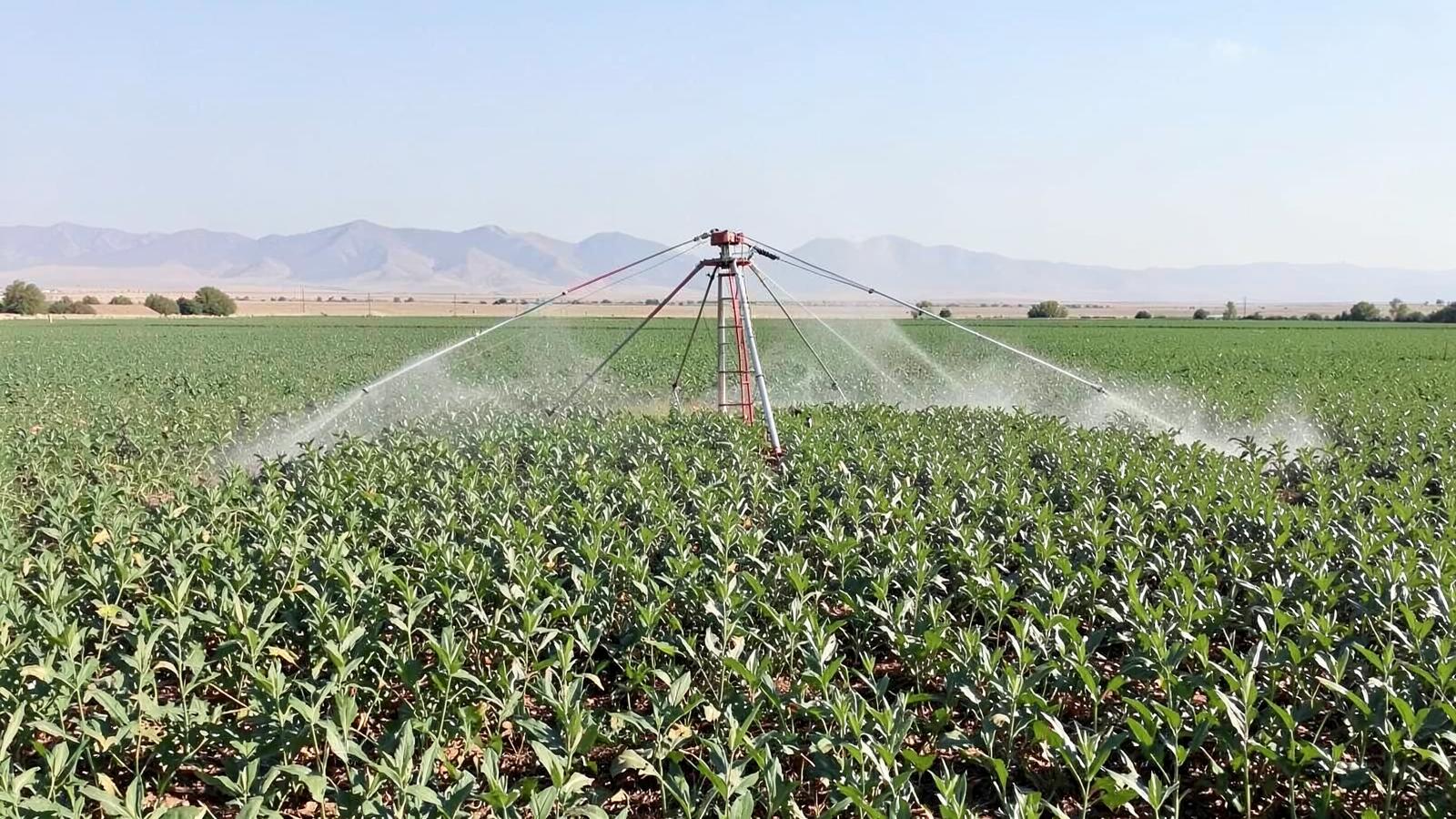Center pivot sprinkler spraying water across a green alfalfa field with distant desert mountains