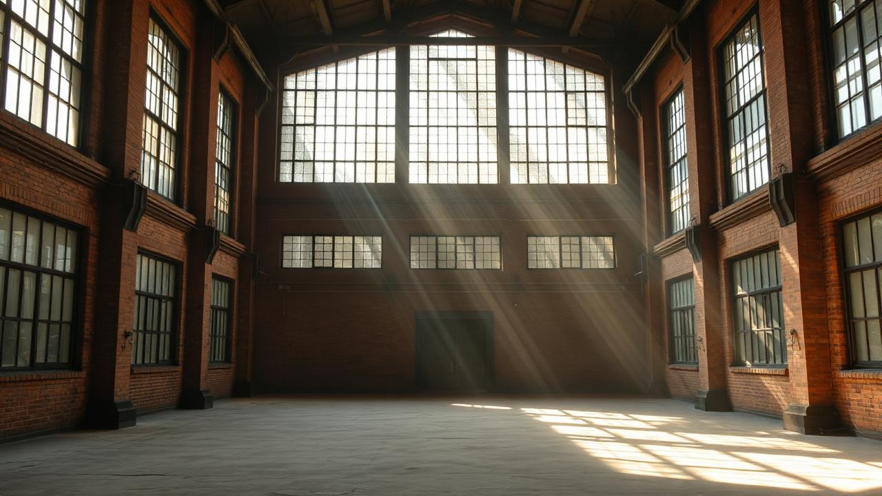 Interior of an old industrial glassworks with tall multi-pane steel windows and light falling across a concrete floor