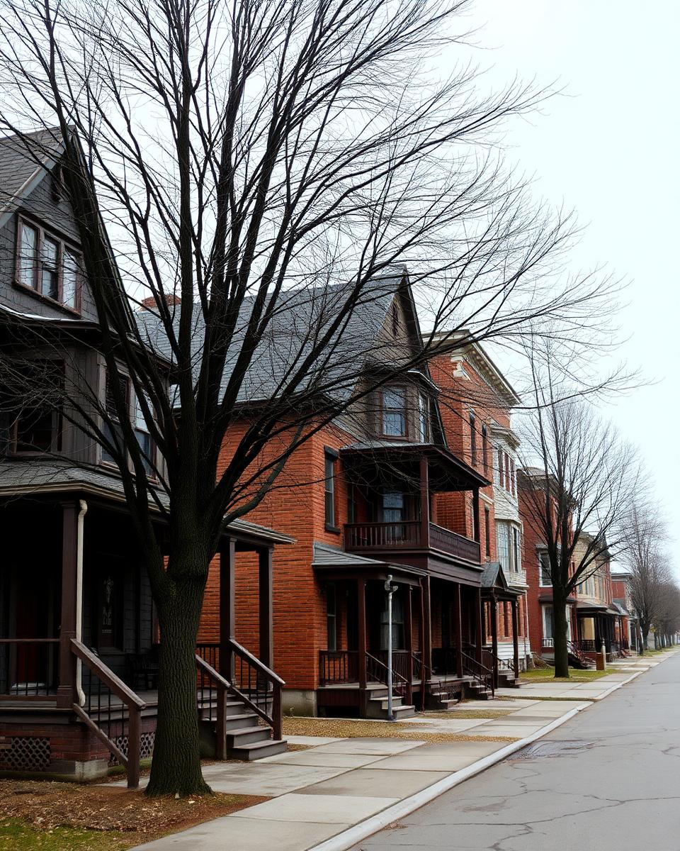 Street of early-1900s wood-frame and brick houses with deep front porches under overcast winter light