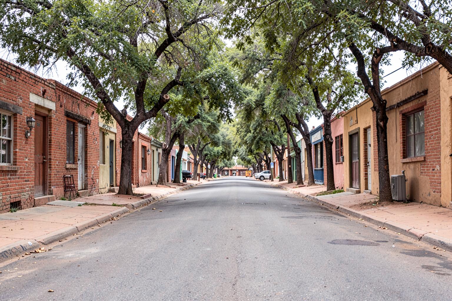 Quiet street of small 1940s brick and adobe bungalows shaded by mature trees in an older desert city neighborhood