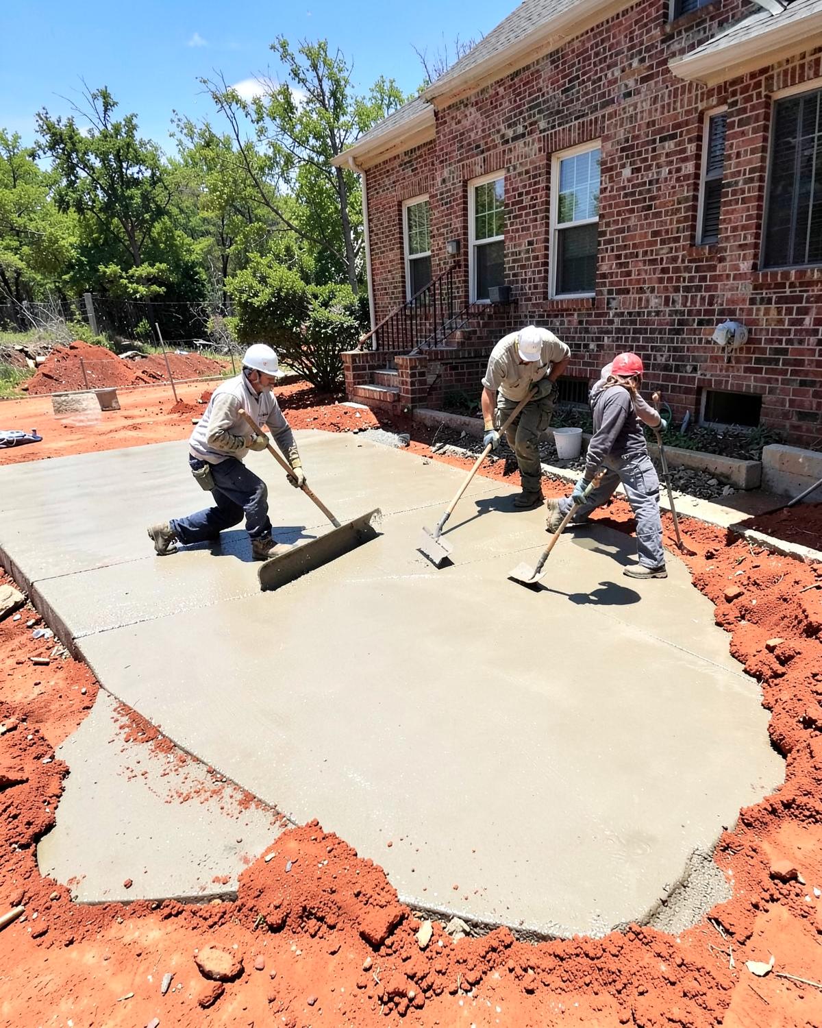 Wet concrete being screeded flat for a residential driveway pour beside red clay soil