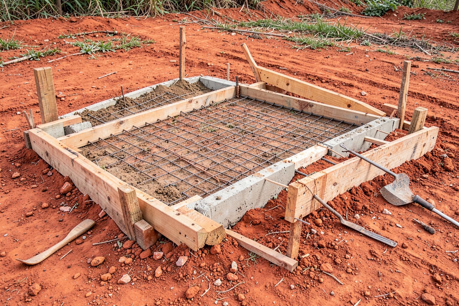 Wooden forms and steel reinforcing mesh staked out for a new concrete patio slab on bright red clay soil with hand tools nearby