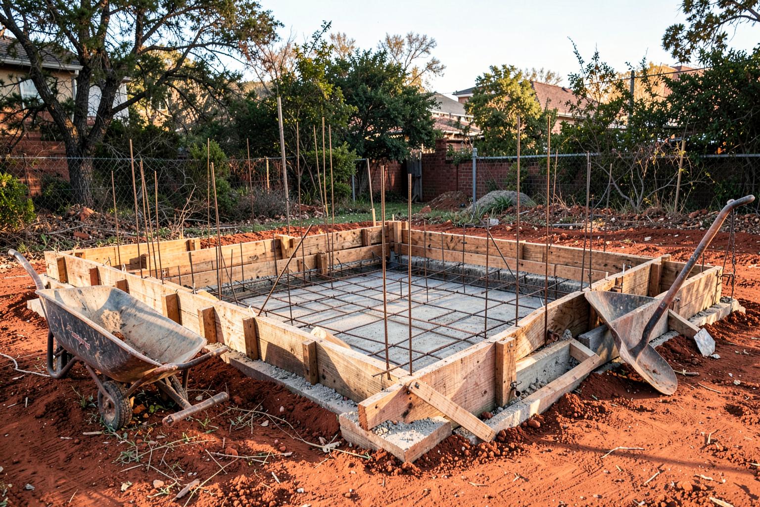 Wooden formwork and rebar grid prepared for a concrete pour in a southern back yard on bare red clay with a wheelbarrow beside it