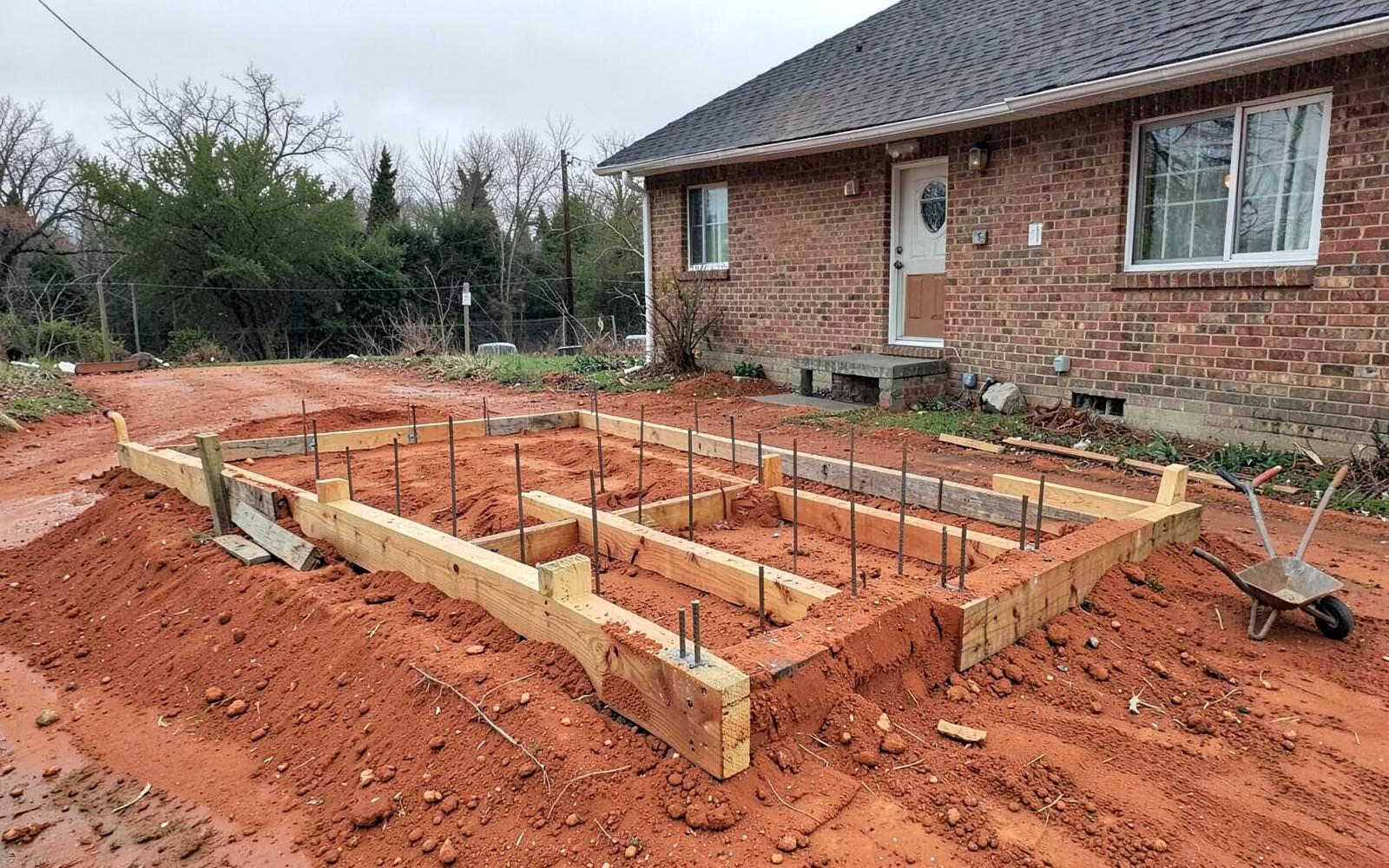 Wooden concrete forms staked out on bare red clay soil beside a new house slab ready for a driveway pour