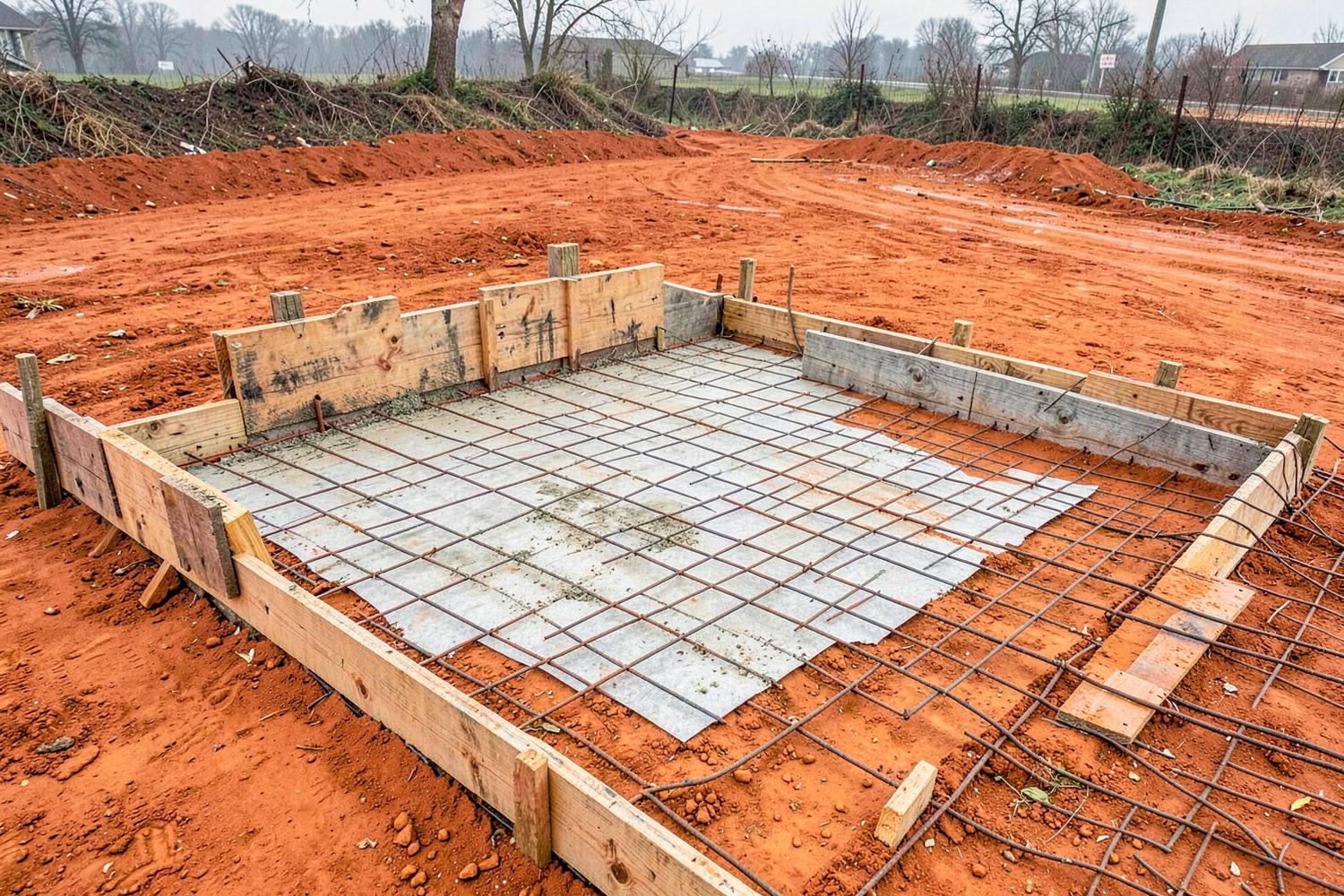 Wooden formwork and rebar grid staked out for a new concrete pour on orange red clay soil on an overcast morning
