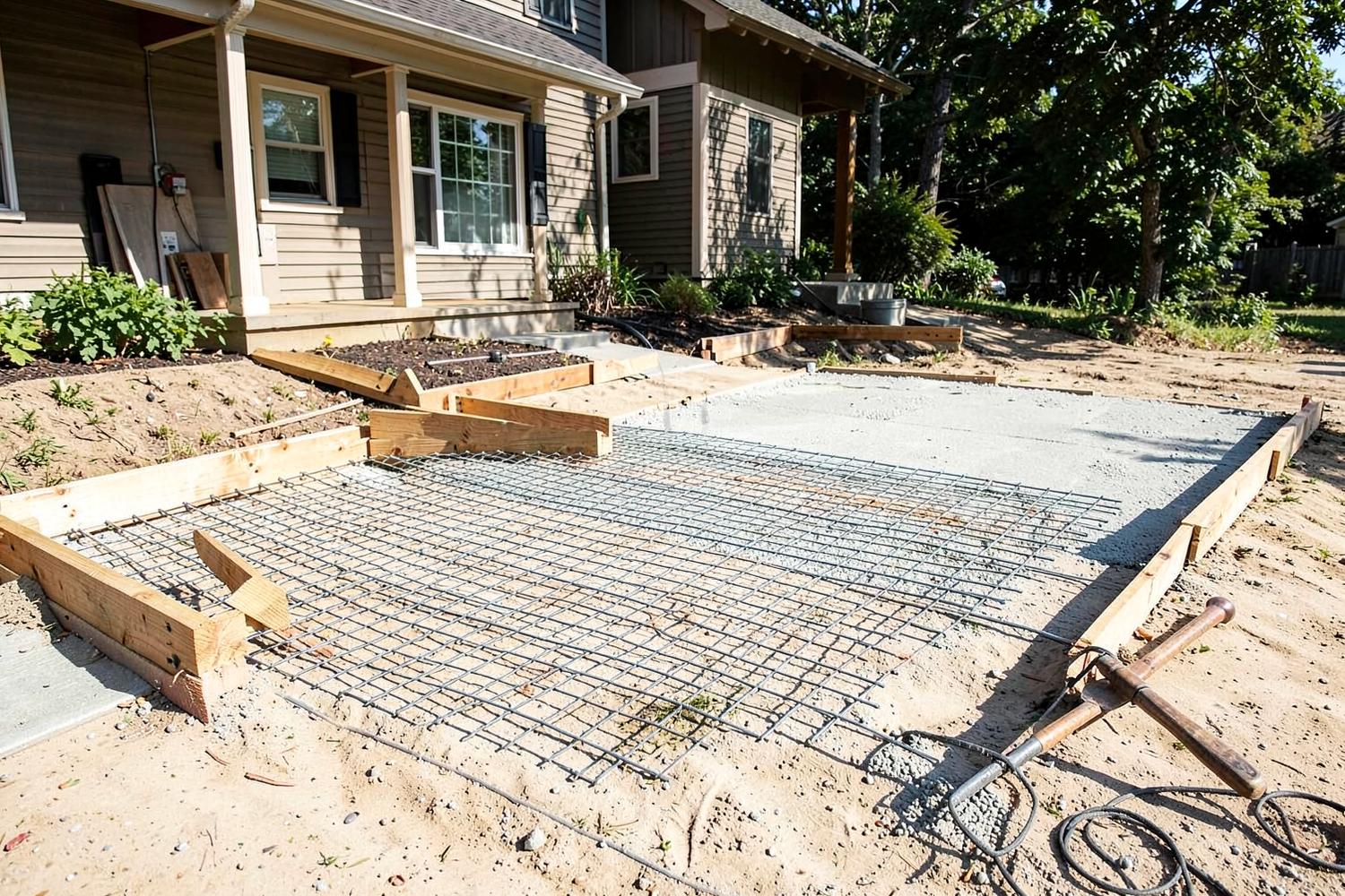 Wooden concrete forms staked out on pale sandy ground for a fresh residential slab pour with tools resting nearby