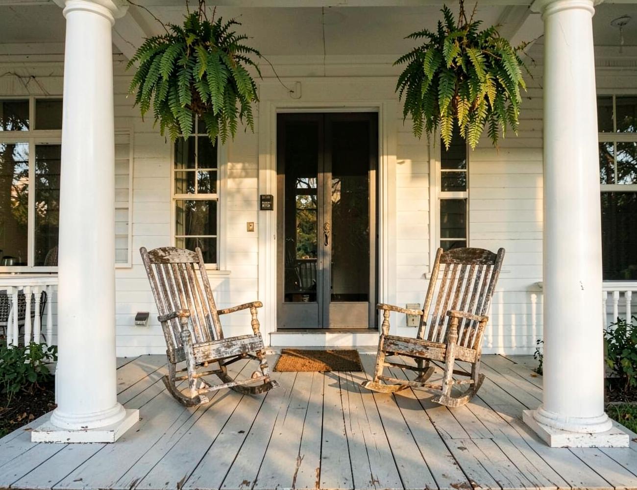 Deep front porch of a historic white southern house with tall columns, weathered rocking chairs and hanging ferns in late afternoon light