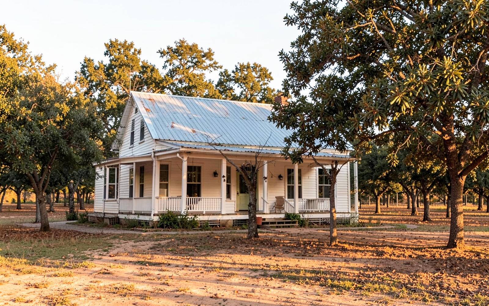 Older farmhouse behind a mature pecan grove with mown grass under the trees in warm afternoon light