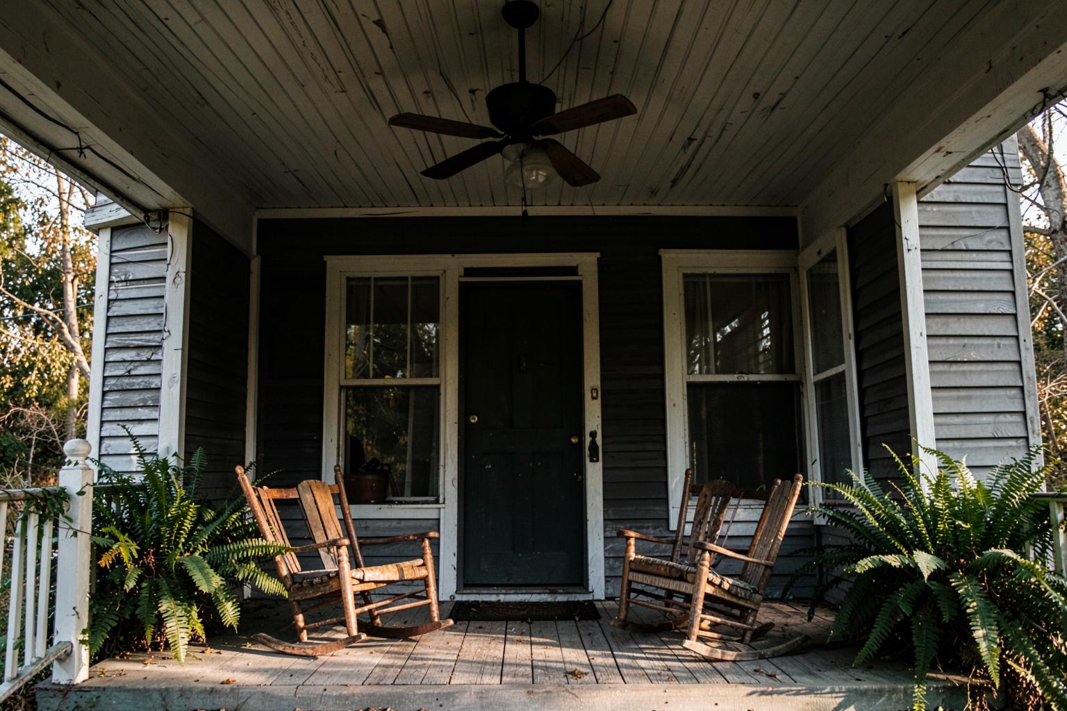 Deep shaded porch of an old clapboard house with a tongue and groove ceiling, ceiling fan, rocking chairs and hanging ferns