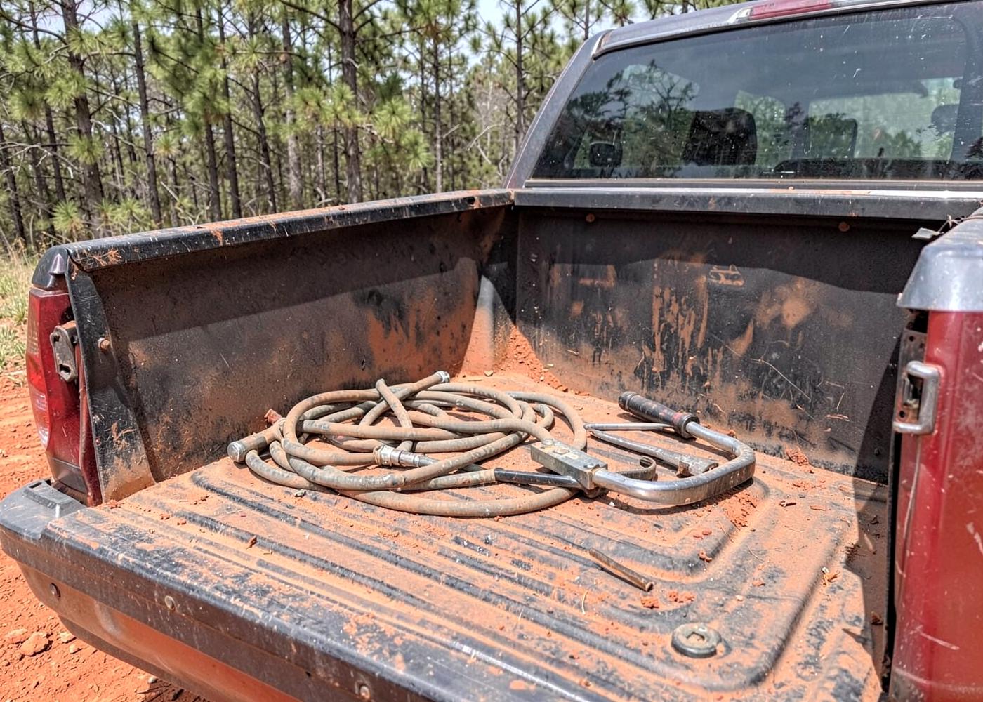 Open tailgate of a worn work pickup with a coiled hose and hand tools covered in red clay dust with pines behind