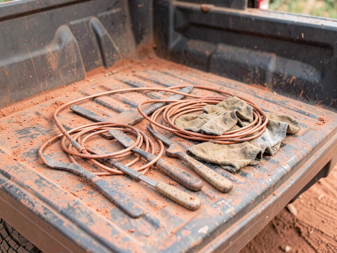 Open pickup tailgate with worn hand tools, a coiled hose and a bucket resting on it in bright afternoon light