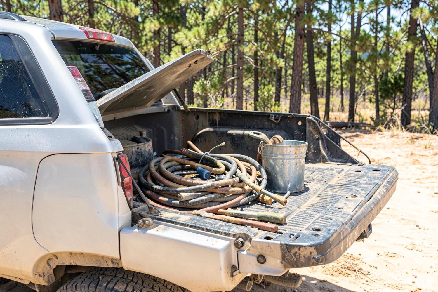Open tailgate of a dusty work pickup loaded with worn hand tools, coiled hose and a bucket beside pine woods