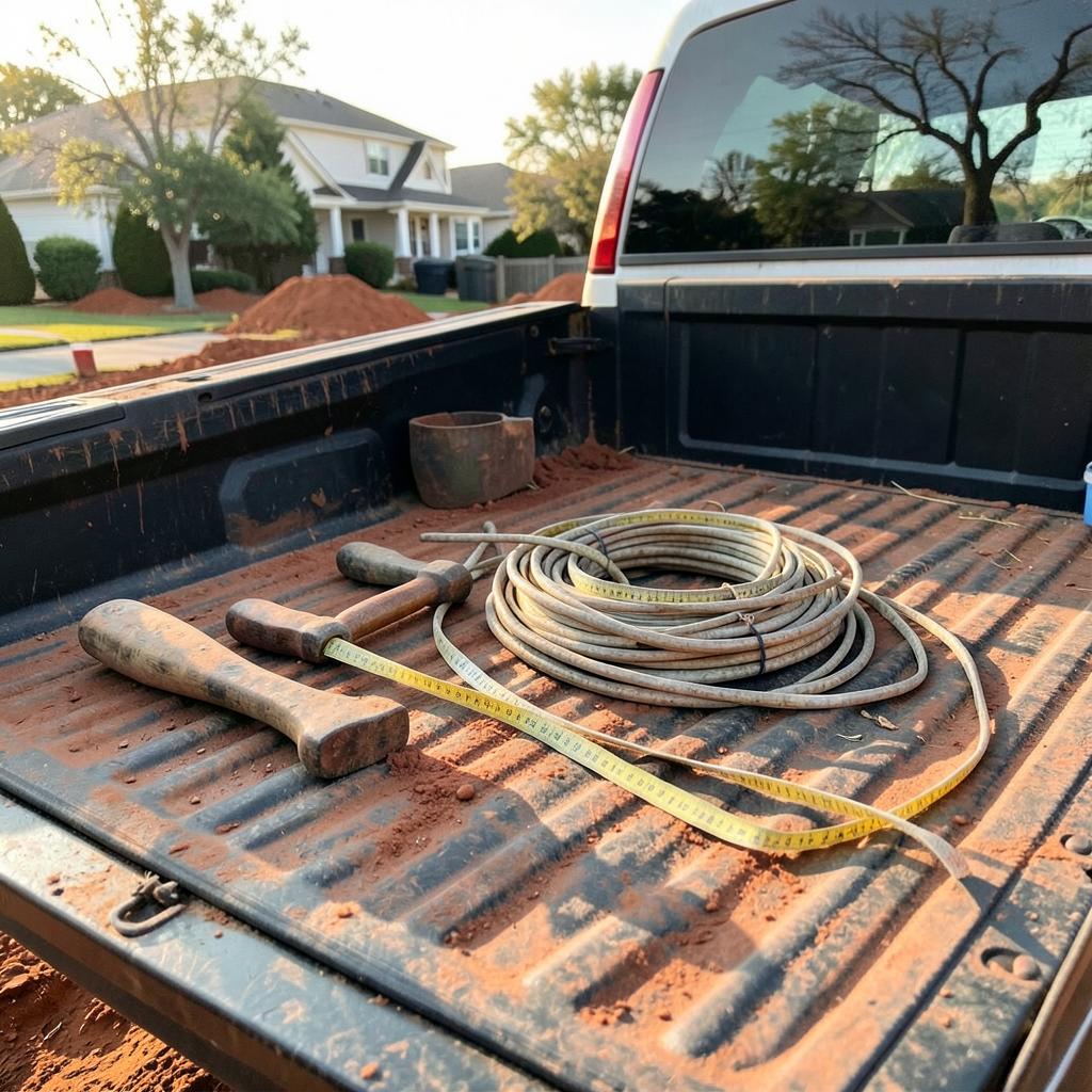 Worn hand tools and a coiled measuring line resting on an open truck tailgate dusted with red clay at a residential job site