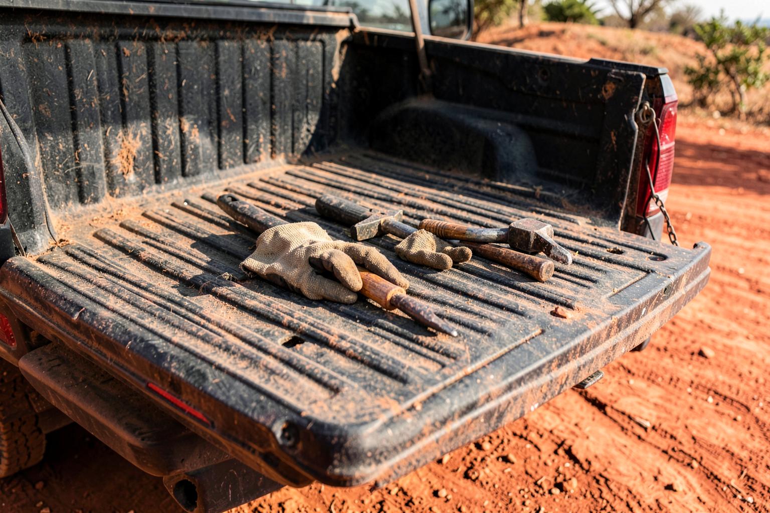 Work gloves, a hammer and a pry bar resting on the dusty open tailgate of a pickup truck parked on a red clay driveway