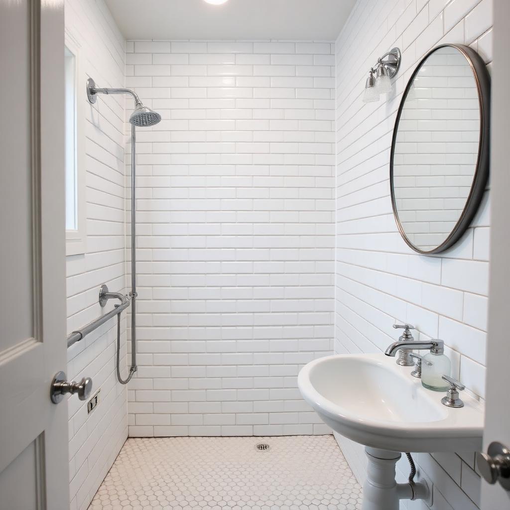 Remodeled bathroom with updated tile and fixtures inside an older Philadelphia rowhouse