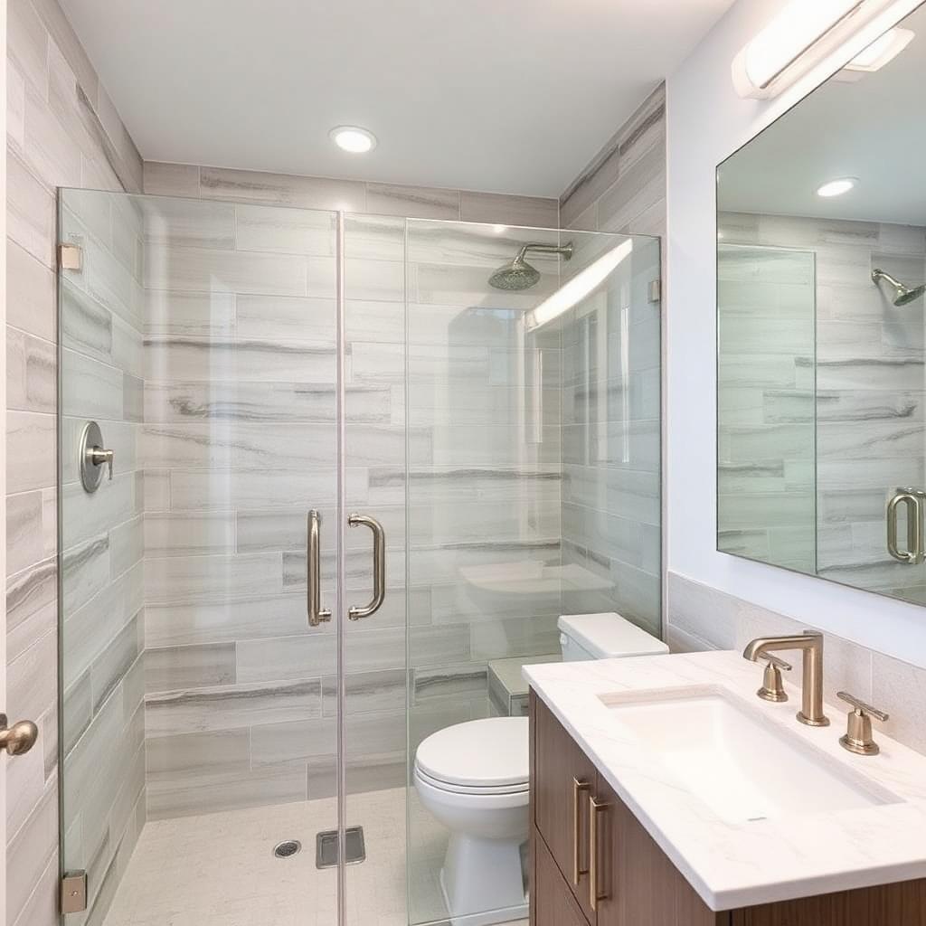Newly remodeled bathroom with updated tile and fixtures in a tract home near central Anaheim