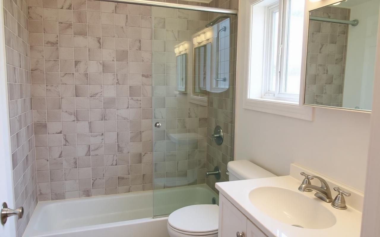 Remodeled bathroom with updated tile and fixtures inside a Nassau County rental property