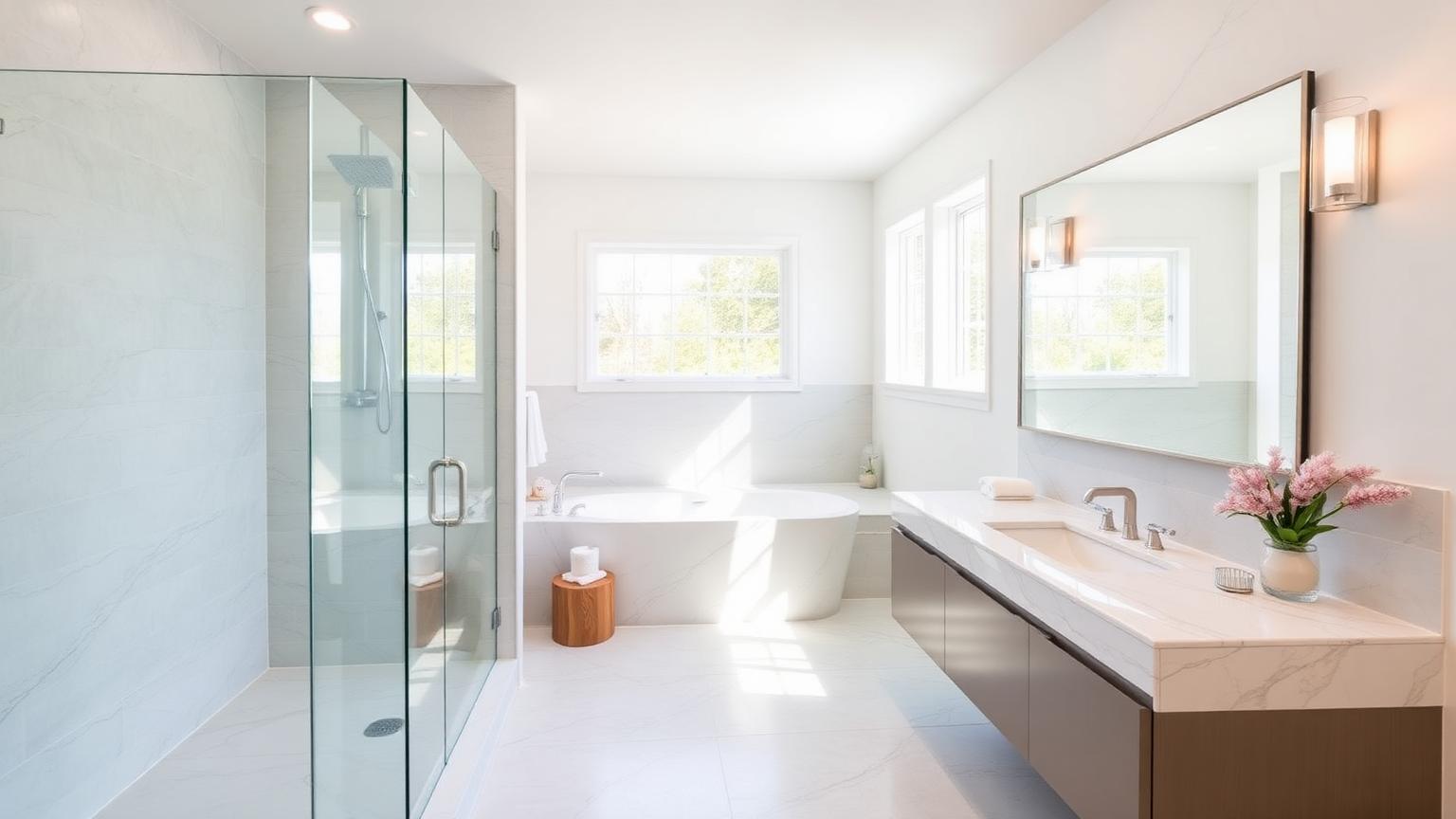 Finished high-end bathroom remodel with premium tile and fixtures in an Almaden Valley home