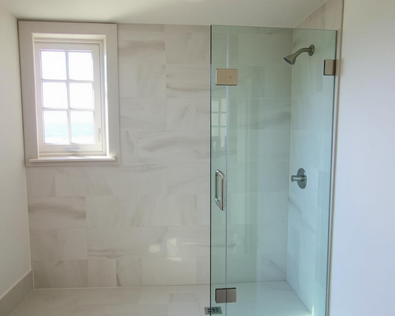 Freshly remodeled walk-in tile shower inside a Southside Corpus Christi home