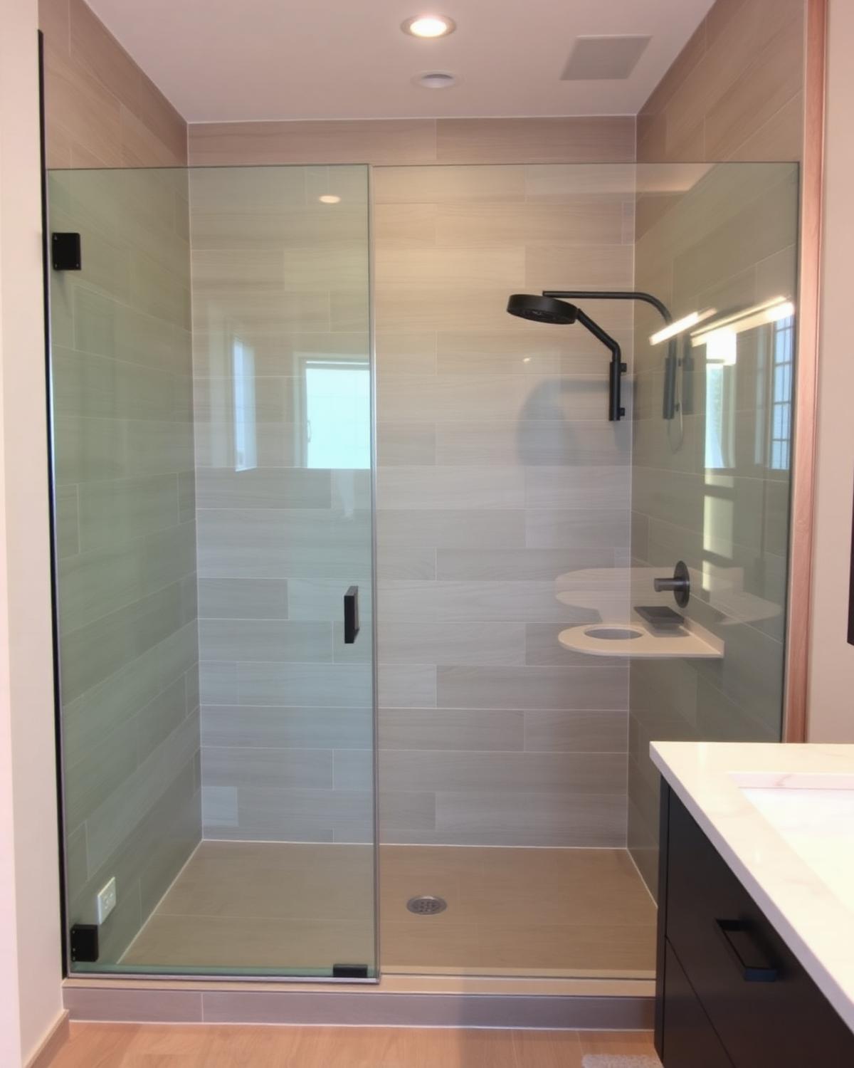 Finished modern bathroom remodel with large-format tile and glass shower in an Austin, Texas home