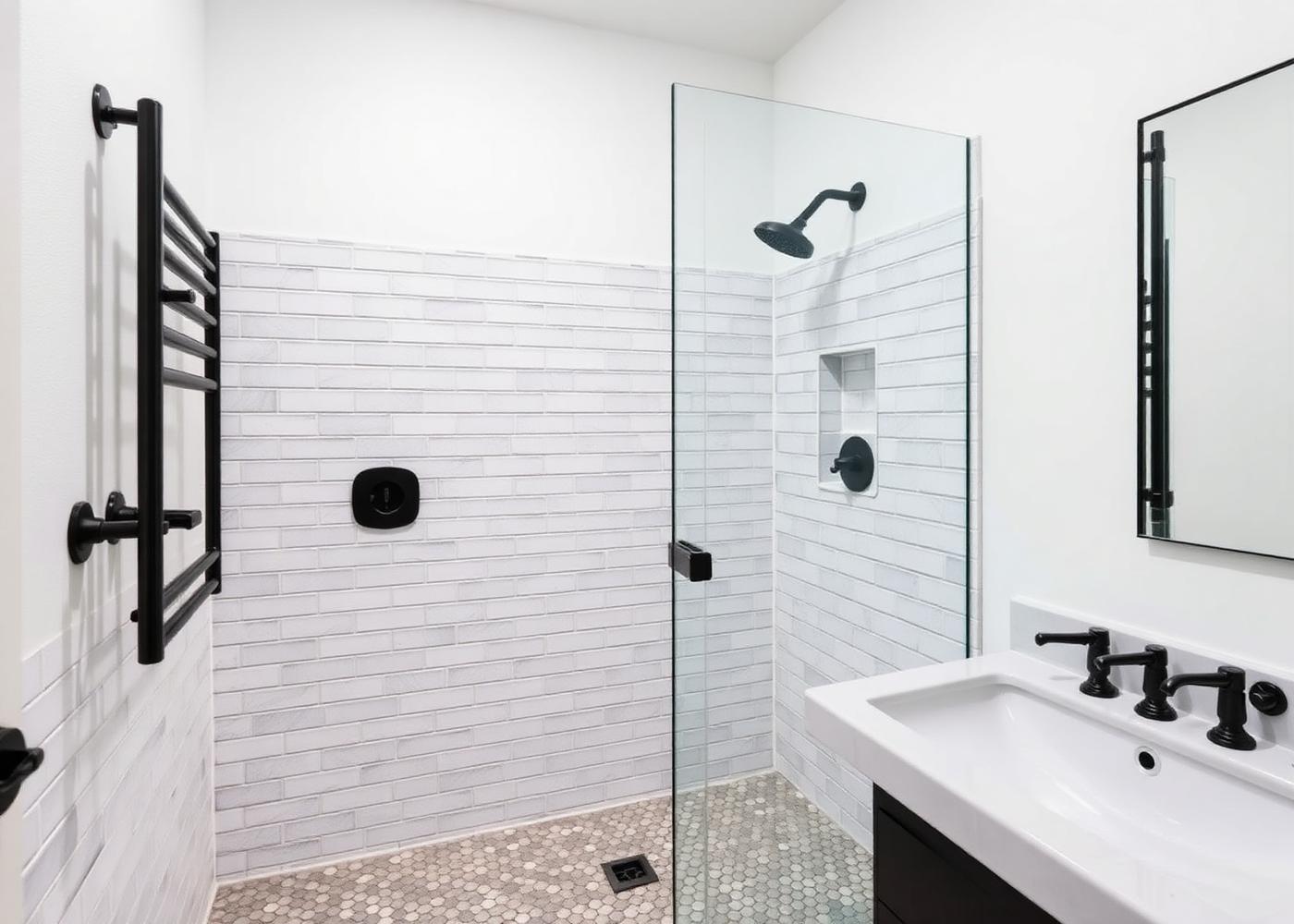Remodeled bathroom with updated tile and fixtures inside an Onondaga County rental property