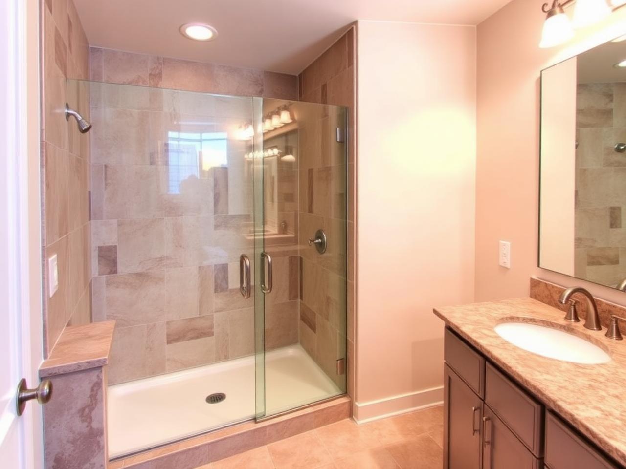 Finished remodeled bathroom with tiled walk-in shower and stone vanity in a San Antonio, Texas home