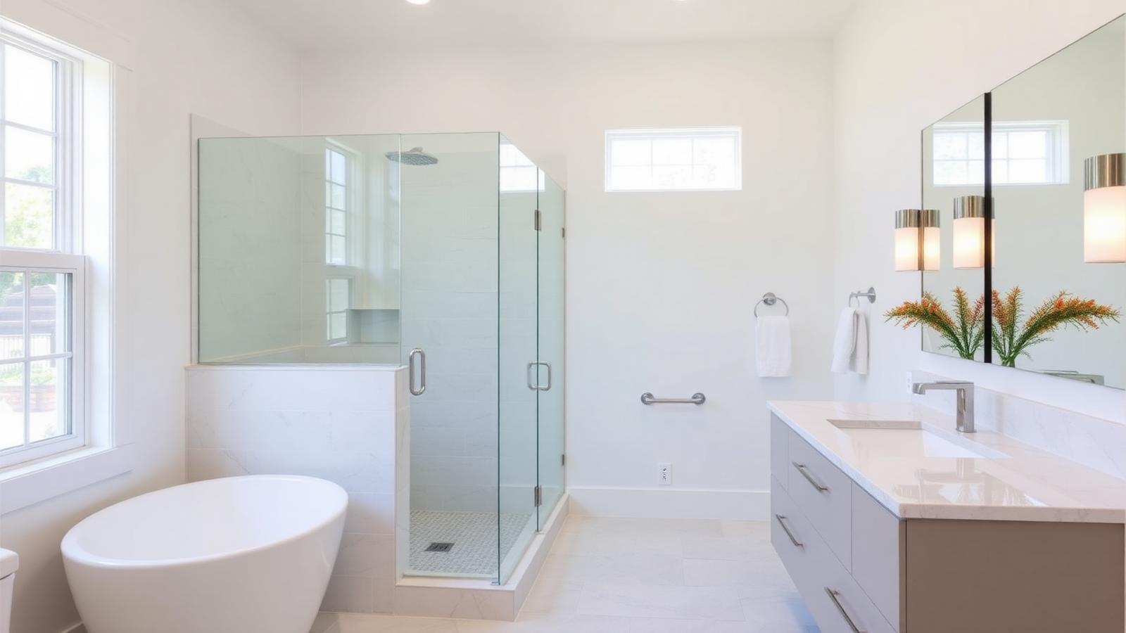 Finished bathroom remodel with large-format tile shower and floating vanity in a Fort Lauderdale home