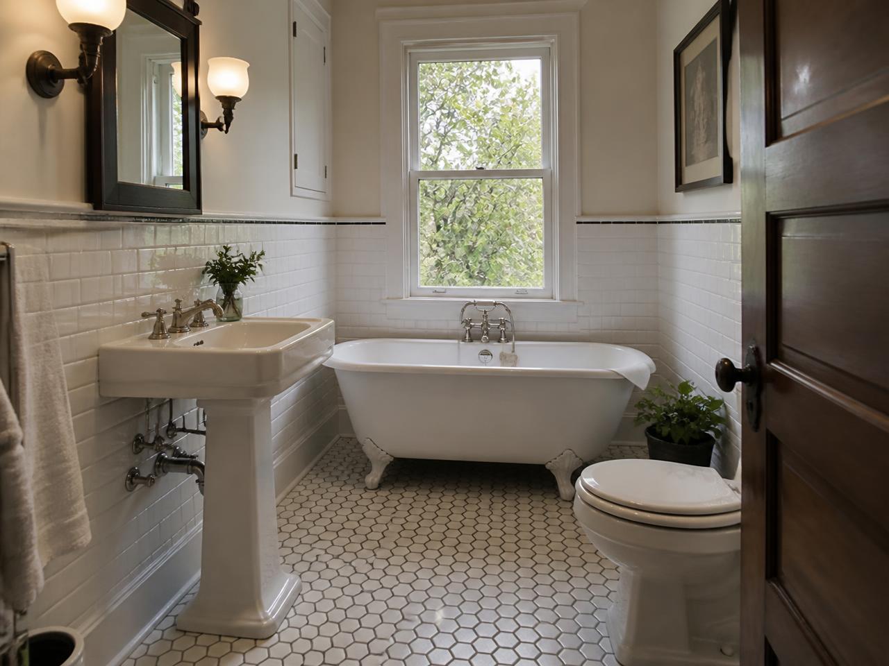 Remodeled bathroom with updated tile and fixtures inside an older Pittsburgh hillside home