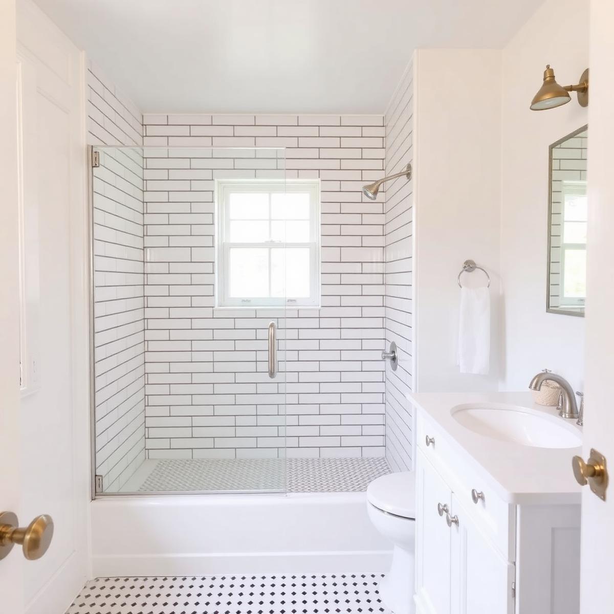 Remodeled bathroom with updated tile and fixtures inside a century-old Erie frame house