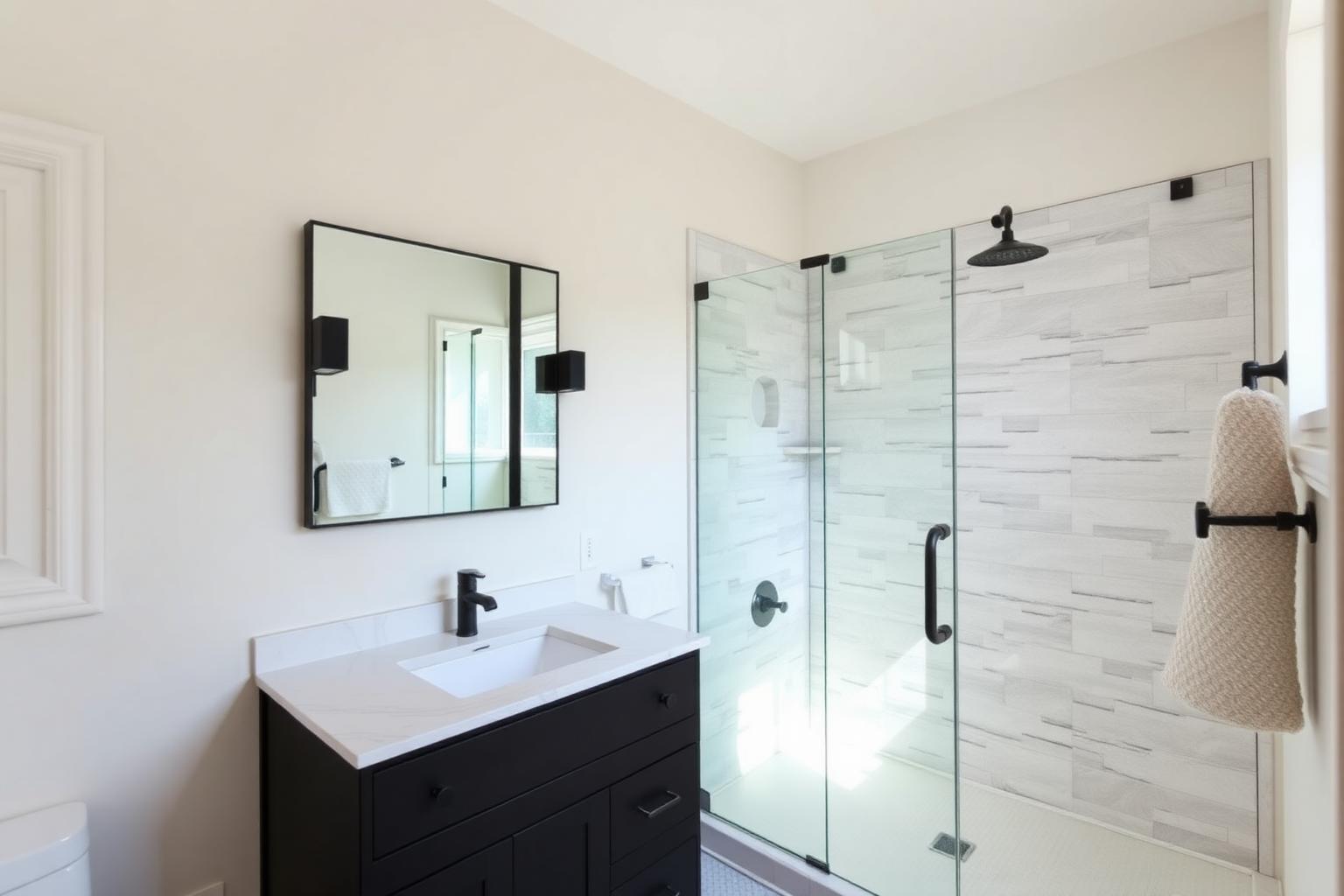 Freshly remodeled walk-in tile shower inside an older Lake Highlands home