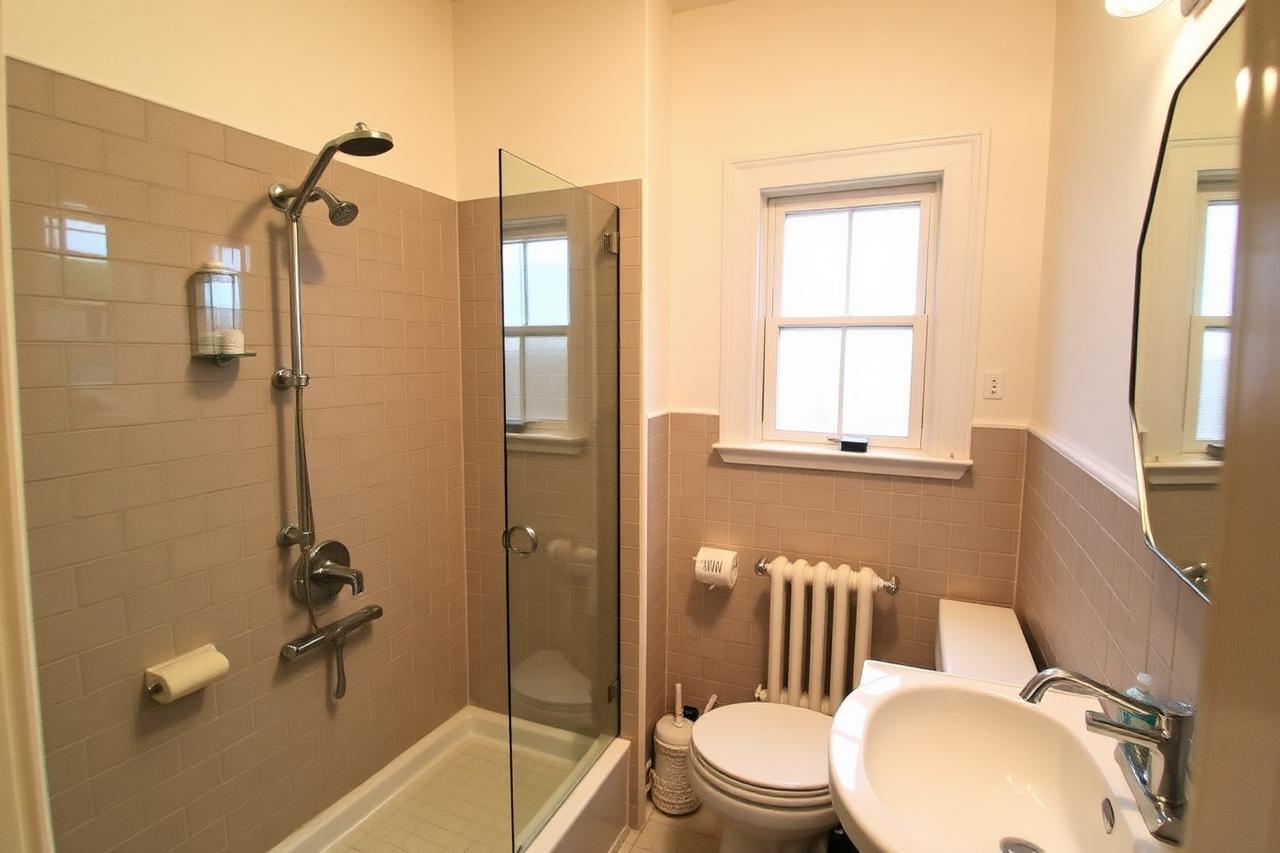 Remodeled bathroom with updated tile and fixtures inside a pre-1940 Troy rowhouse