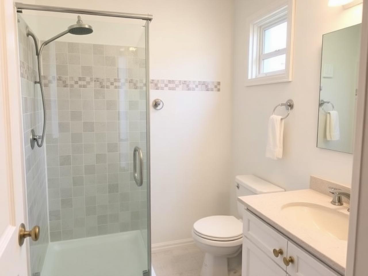 Newly remodeled bathroom with tile shower in a renovated home near Fig Garden, Fresno