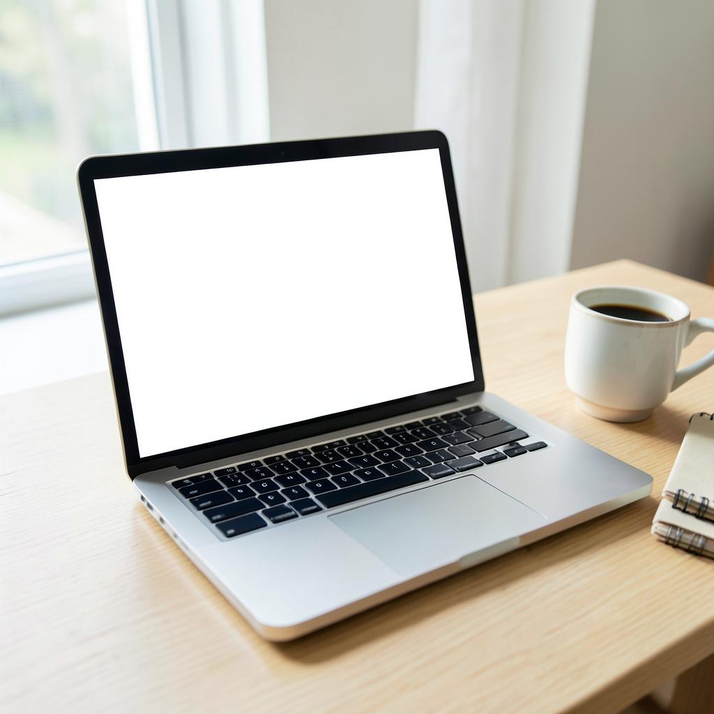 Open laptop with a blank screen on a bright kitchen counter in a newly built home with morning light