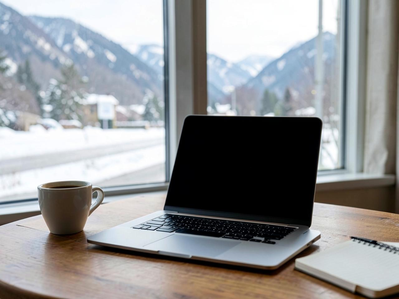 Open laptop with a blank dark screen on a plain wooden desk beside a window