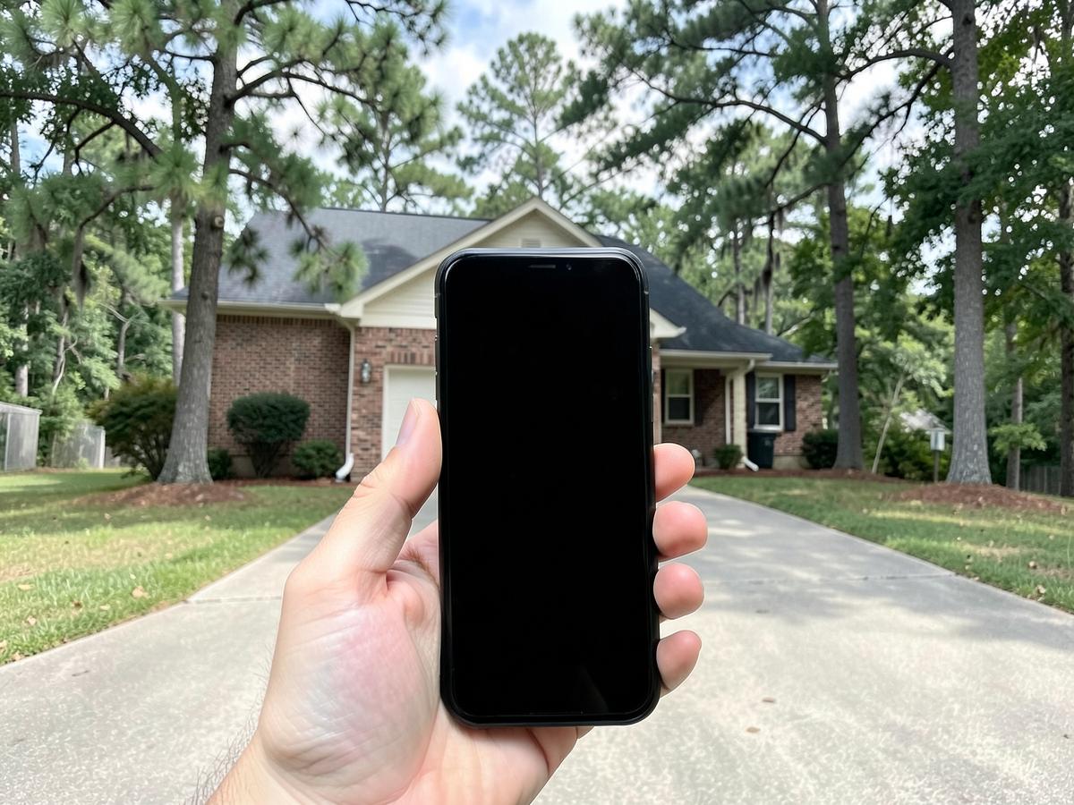 Hand holding a smartphone with a blank dark screen on a suburban driveway in front of a brick house