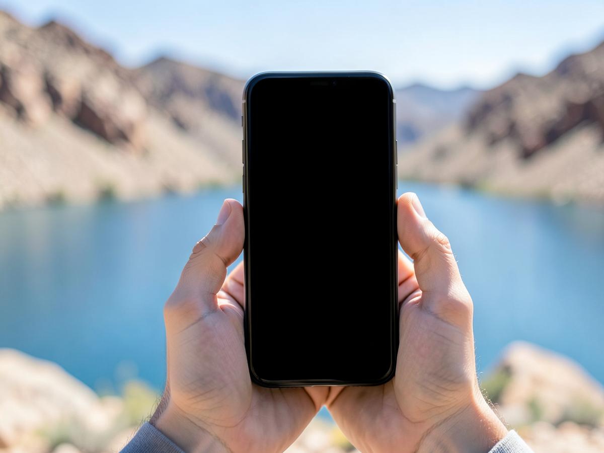 Hands holding a smartphone with a blank dark screen in front of a blurred blue desert lake and rocky hills