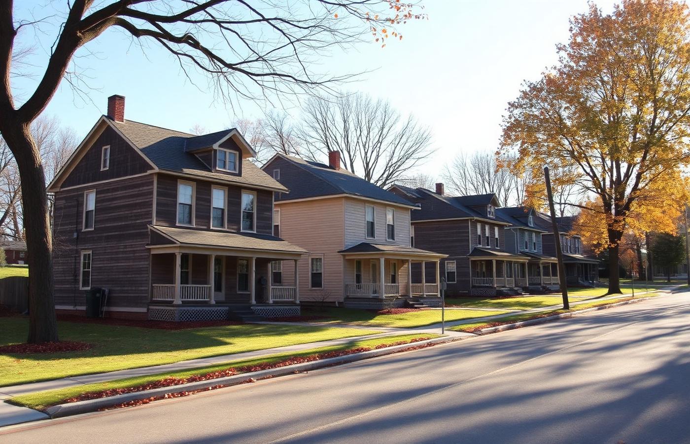 Row of older established homes on a tree-lined bluff neighborhood street